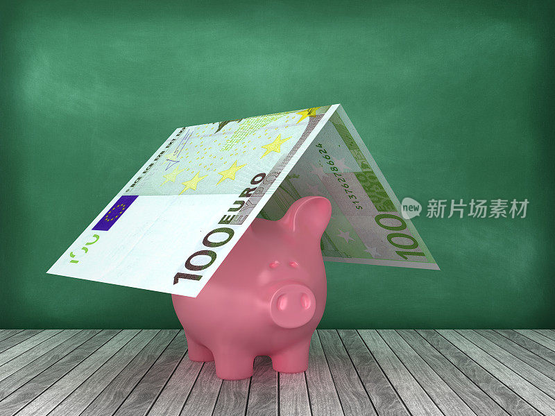 小猪银行与欧元保险在黑板背景- 3D渲染